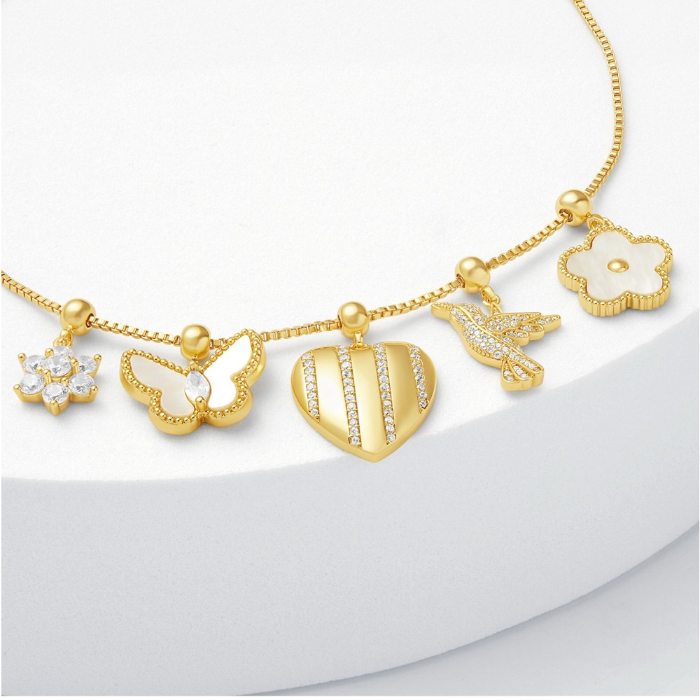 18K Gold Plated & Cubic Zirconia Charm Slider Bracelet with Heart and Butterfly